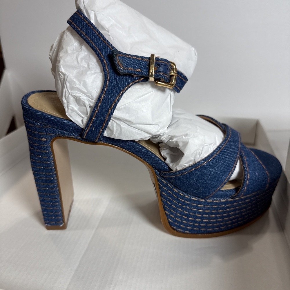 SCHUTZ Denim Platform Sandal in Dark Blue with Gold Buckle
